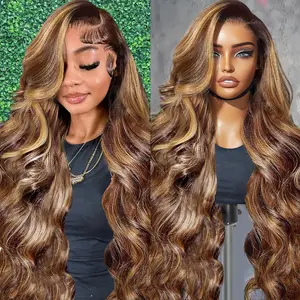 Ombre Highlight Lace Front Wigs Human Hair Pre Cut 13X6 Glueless #4/27 Honey Blonde Body Wave Wigs for Women Pre Plucked with Baby Hair Lace Closure Wig with Drawstring 180% Density 28 Inch summerwins