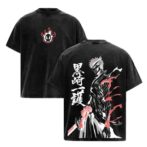 Vintage Acid Wash Anime Graphic Tee - Oversized Bleach Ichigo Kurosaki T-Shirt for Men & Women Japanese Manga Streetwear Retro Cotton Top 90s Graphic American Casual Short Sleeve Tee | Premium Soft Cotton Classic Unisex T-Shirt for Daily,Gym & Streetwear