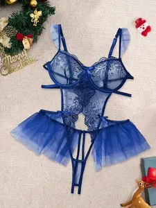 Christmas Women's Embroidered Sheer Mesh Cut Out Bodysuit, Lingerie, Adjustable Straps, Bow Decor, Push-Up Thong Design, Perfect for Romantic Nights