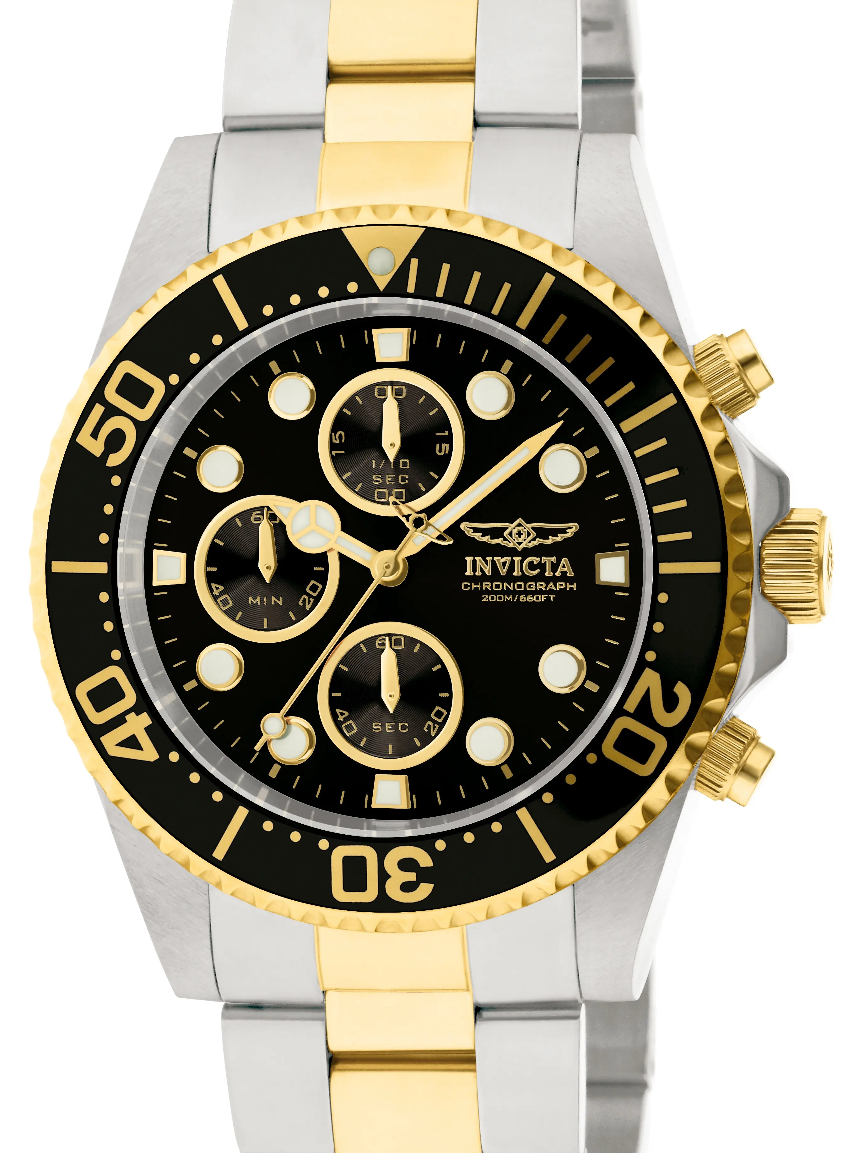 Invicta Men's Pro Diver Chronograph Watch — Two-Tone Steel and Gold — 43mm Black Dial Dive Watch, 200M Water Resistant — Authentic, New in Box Quartz Dial Luminous Dial
