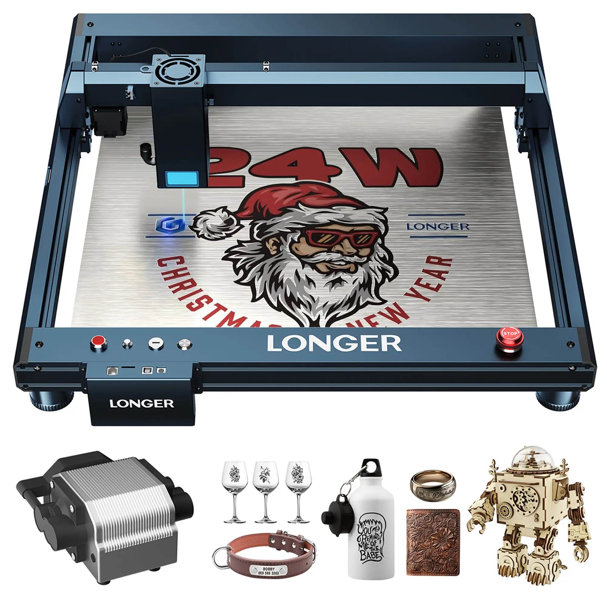 Diode Laser Engraver with Automatic Air assist for Engraver on Glass Cup Rings, 24W Laser Cutter for Cutting 25 mnBoards, Suitable for Wood and Metal, Paper, Acrylic, Glass, Leather