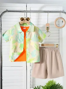3-Piece Boys' Hawaiian-Style Shirt and Shorts Set, Resort Style, Summer, Collared Print Design, Elastic Waistband, Suitable for Boys Ages 2–7, Beach/Casual Wear