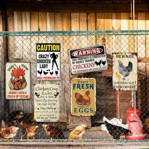 Vintage 6pcs Chicken Coop Decor - Humorous Farm Signs with Crazy Chicken Lady & Farm Fresh Eggs Rustic Wire Fence & Red Feeder Wall Art