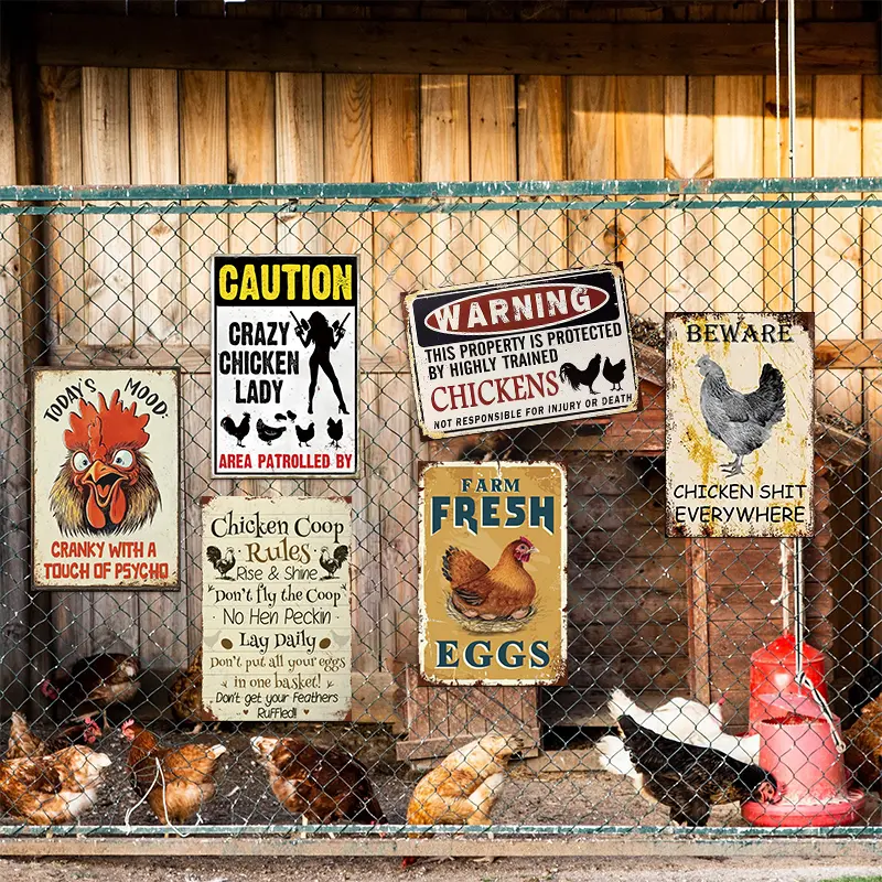 6pcs Vintage Repurposed Metal Chicken Coop Decorative Plaques & Signs Set - Rustic Farmhouse Home Decor Supplies, Includes Crazy Chicken Lady, Farm Fresh Eggs, Rustic Wire Fence, Red Feeder Designs, Funny Decor for Room, Study, Balcony