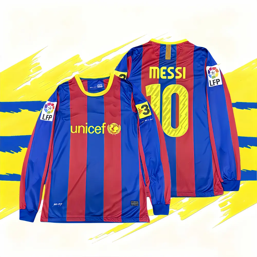 #10 Messi 10-11 Season Home Red and Blue Long-Sleeve Retro Fan Edition Jersey