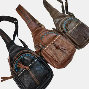 Western Small Leather Sling Bag Crossbody Bags Sling Bag for Women Oxford Crossbody Chest Bag Fashion Waist Bag Trendy Ladies Shoulder Bag, Pu Leather Crossbody, Herringbone Pattern