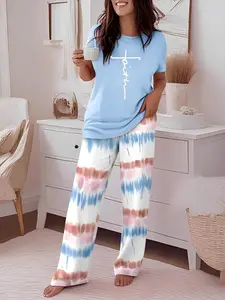 Women's Casual Printed Round Neck Short Sleeve Top & Gradient Print Pants Set, Soft Comfortable Loose Fit for Daily Wear