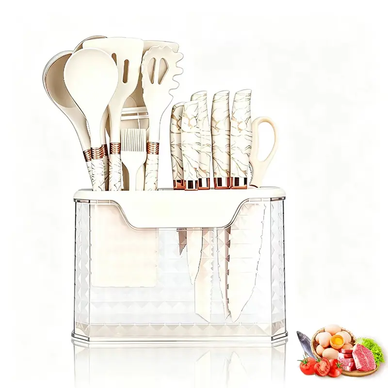 16Pcs Multi-Function Kitchen Knife & Silicone Utensils Set with Transparent Storage Rack, Household Cooking Tools Gift Set for Meat, Vegetables, Stir Fry, Household Gift Set