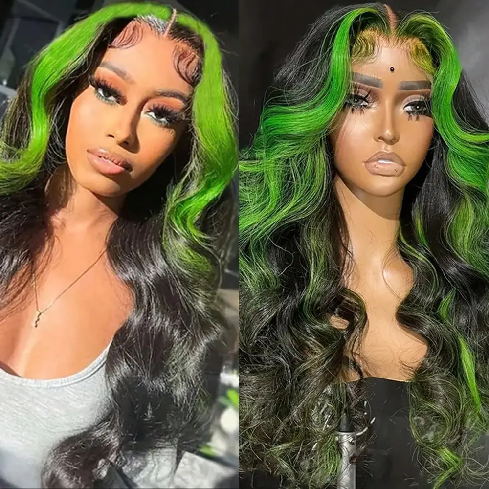 13X4 Free Part Black Green Highlights Body Wave Lace Front Wigs Pre Plucked Soft Long Wavy Hair Wigs Heat Resistant Wave Wigs Glueless Christmas Wig Long Wavy Synthetic Lace Front Wigs For Women Perfect For Daily Wear & Parties Human Wig Hair Lace Closure