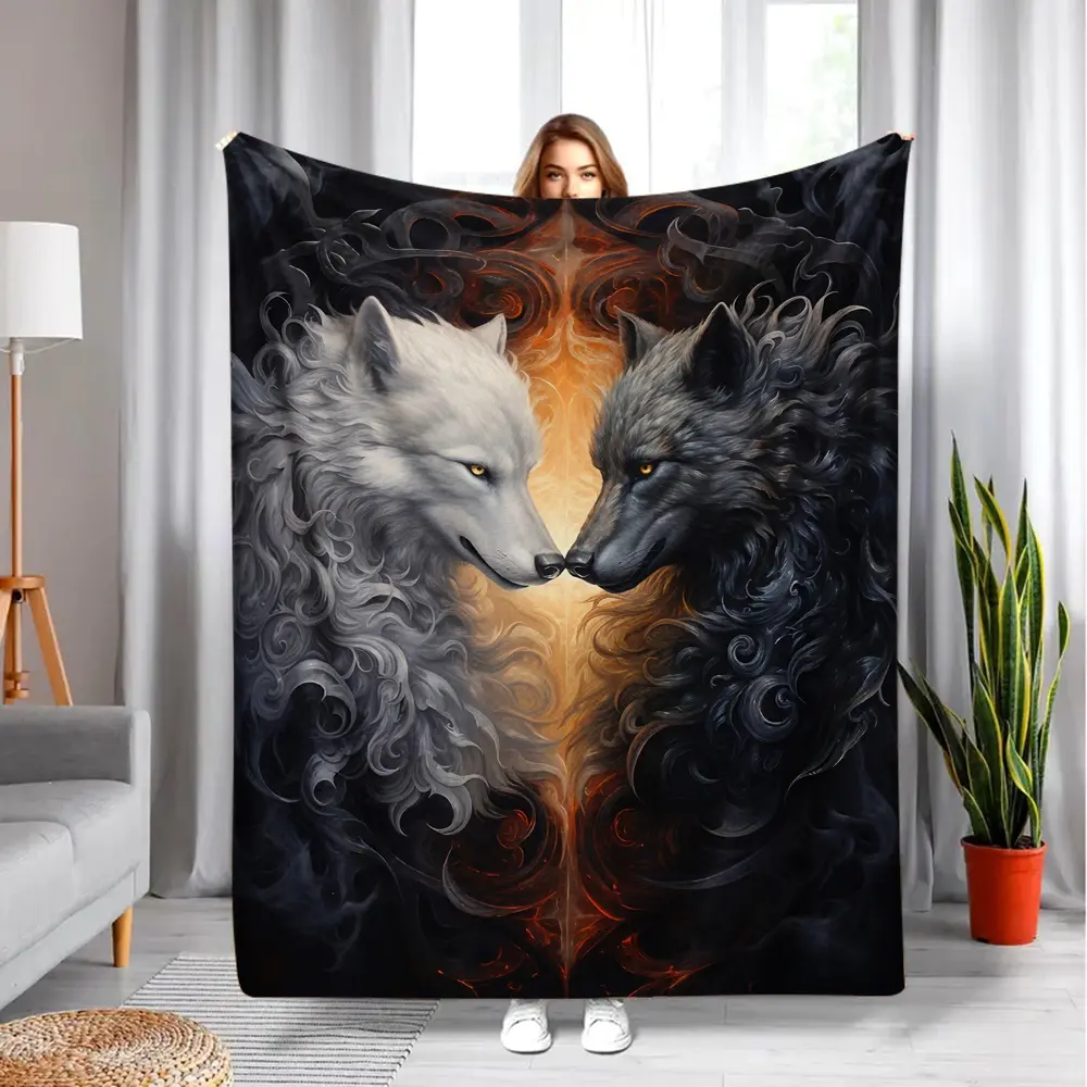 Spirit Wolf Fan Throw Blanket - Fiery Smoky Opposite-Tone Wolf Couple Tribute, Lightweight for Dark Gothic Bedroom & Rustic Cabin Decor, Ideal Anniversary Gift for Wilderness Lovers