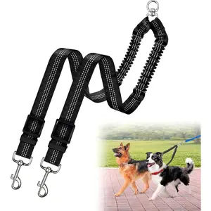 Professional No Tangle 360° Swivel Double Dog Leash with Shock Absorbing Bungee Adjustable Dual-Sided Reflective Lead Splitter for Small Medium Large Dogs
