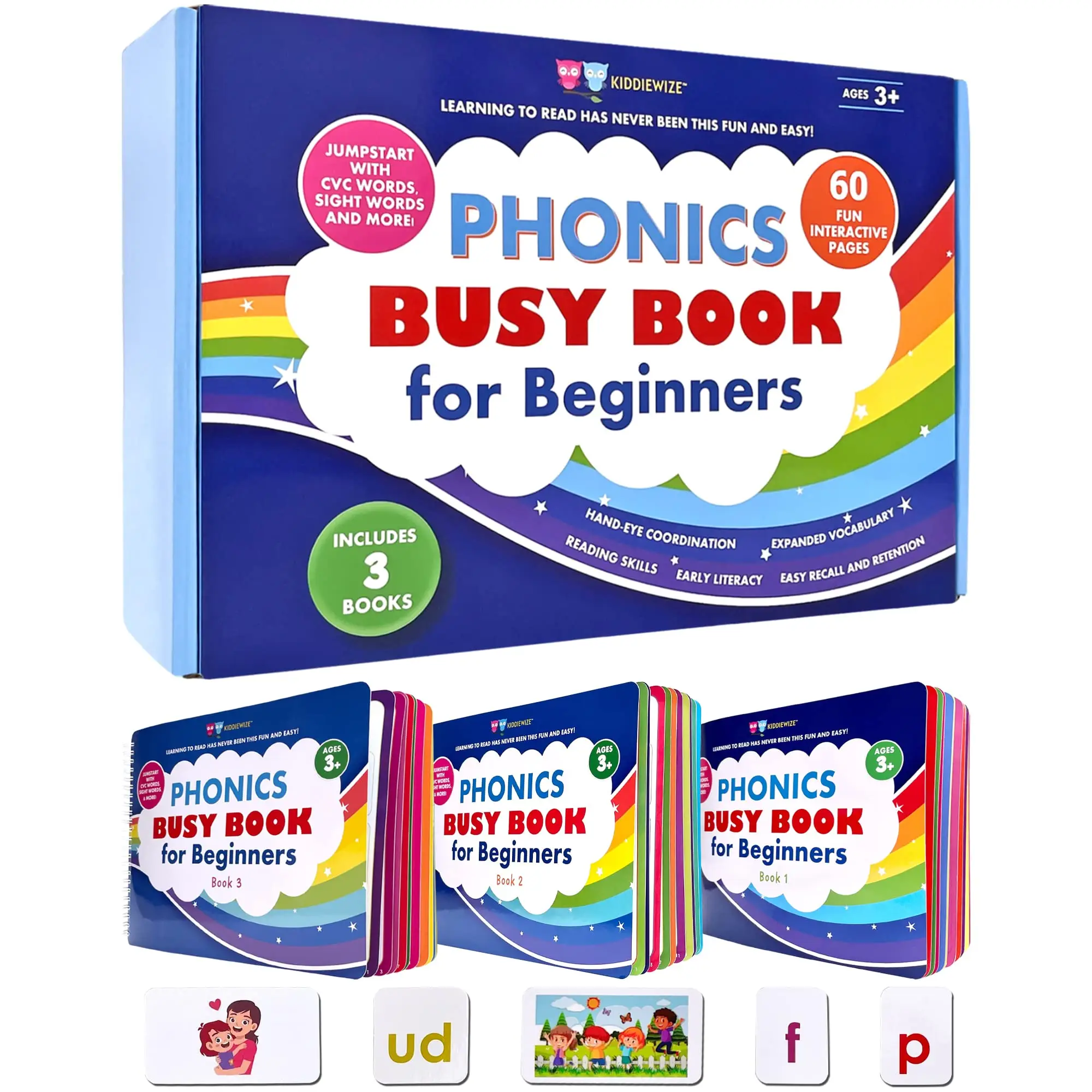 Learn to Read Phonics Busy Book for Beginning Readers, Montessori-Inspired Set of 3 Busy Books for Kids Ages 4-8, 60 Learning Activities, Read in 4 We