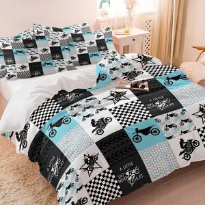 Dirt Bike Motocross Pattern Duvet Cover Set,Includes 1 Duvet Cover & 1-2 Pillowcases,Off-Road Racing Print Bedding Set for Boys Bedroom,Soft Breathable Bedding for Dorm & Guest Room Decor,Perfect Gift for Motocross Fans