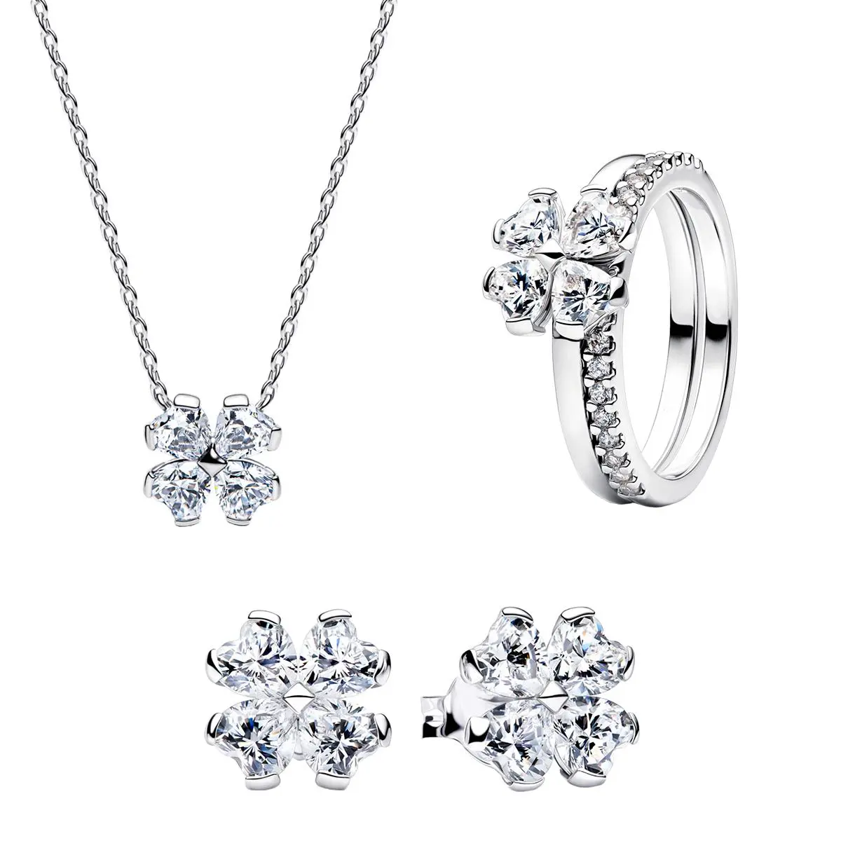 925 Sterling Silver Four Leaf Clover Set Ear Stud Ring Pendant Bead Fit DIY Women's Bracelets Necklaces Jewelry Gifts