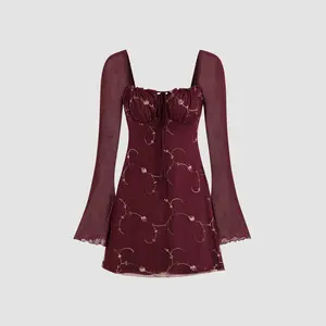 Cider [2 colors, size 0-26] Mesh Sweetheart Neckline Floral Mini Dress