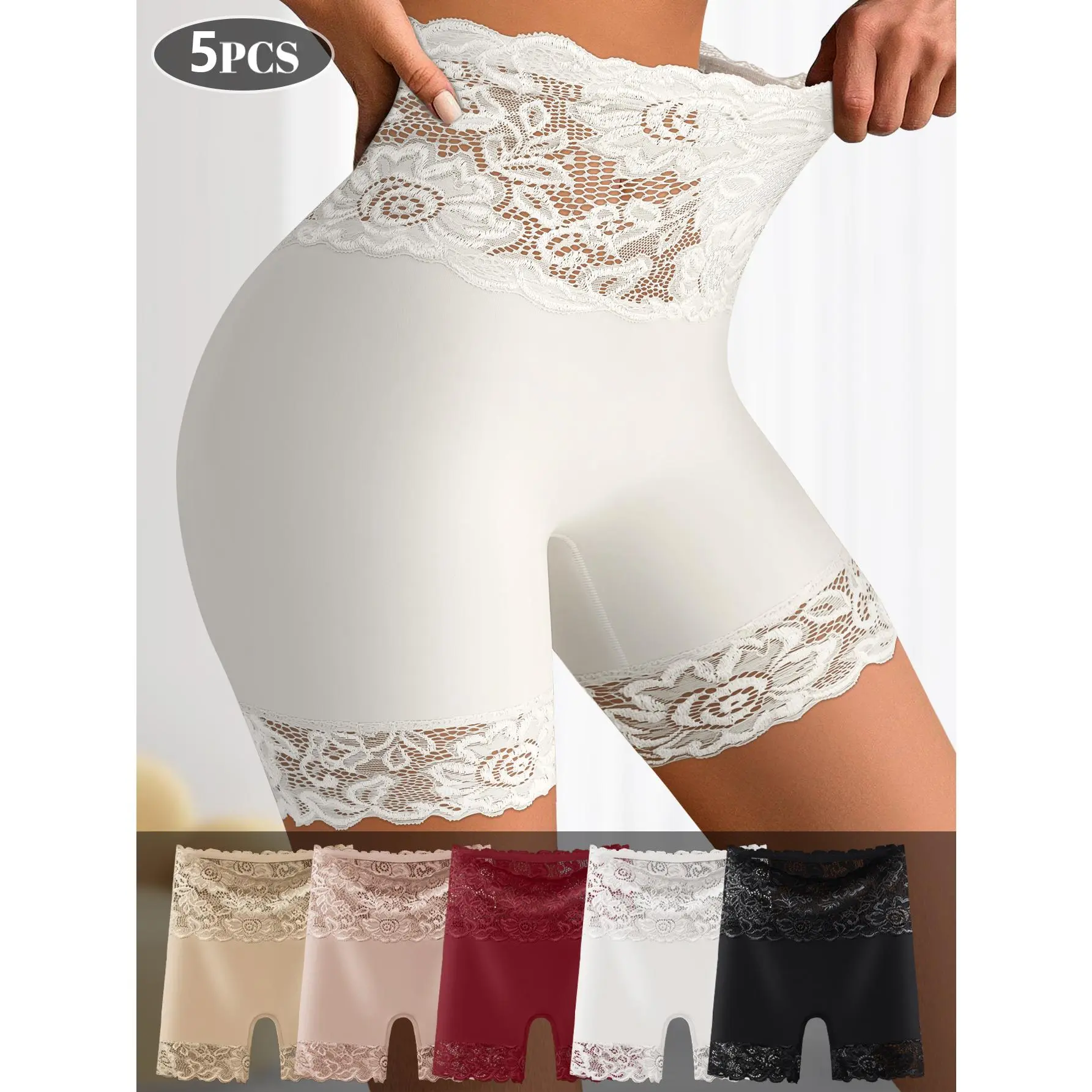 QUASTI 5 Pack High-Waist Shapewear Women's Shorts – Elegant Lace Design & Silky Comfort Fabric Panties, Seamless Tummy Control Underwear for Confident Everyday Wear, Basic & Minimalism Briefs, S-XXL