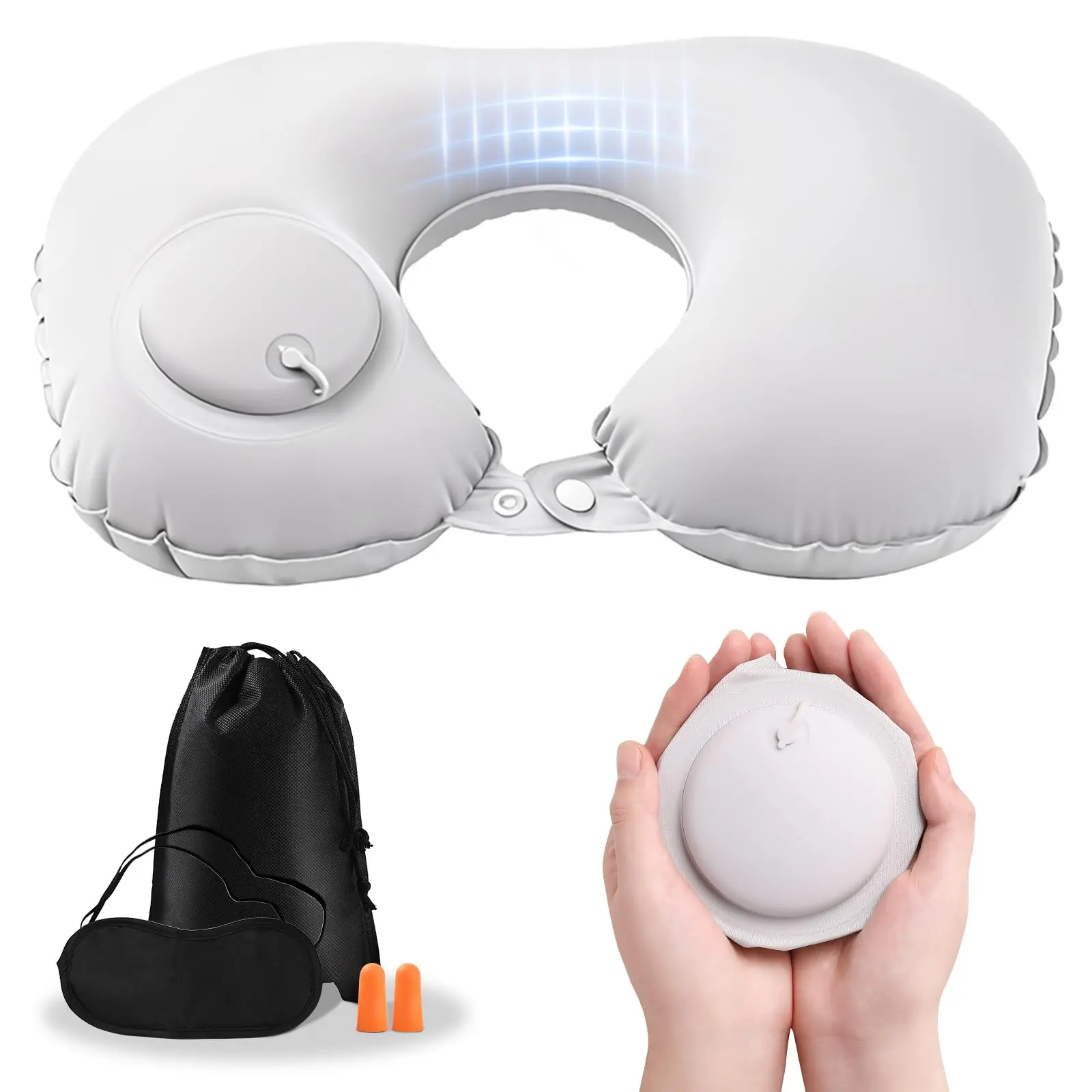 U-Shape Odor-Free Fabric Travel Neck Cushion - Quick-Inflate Inflatable Neck Support, Adjustable Firmness Car Interior Accessory for Cars & Planes (Grey)