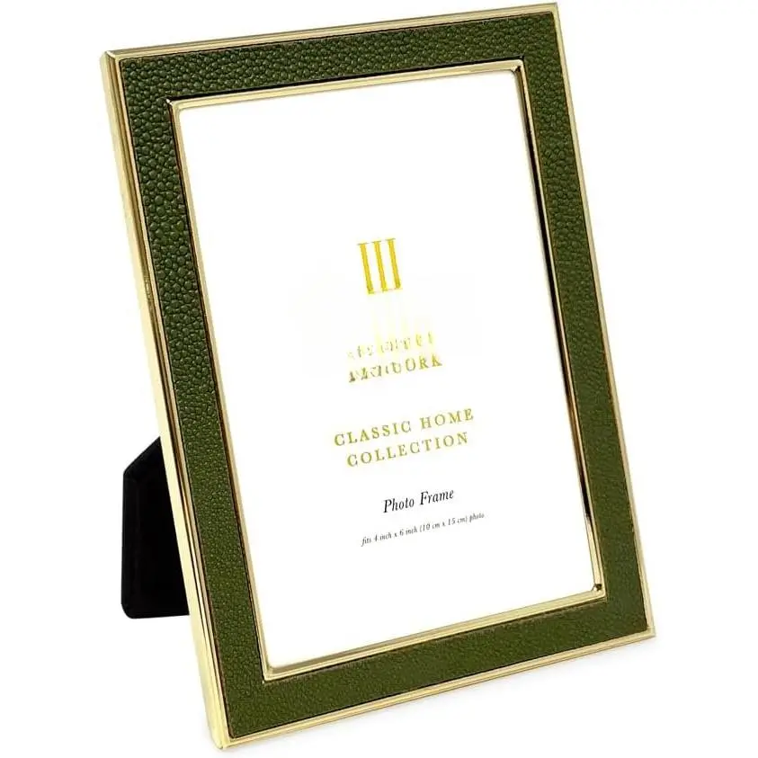 4x6 Olive Green Leather w/ Metal (Vertical & Horizontal) Picture Frame, Shagreen Border w/Black Fabric Easel, Wall-Mountable, Tabletop, Photo Gallery (4x6, Olive Green W/)