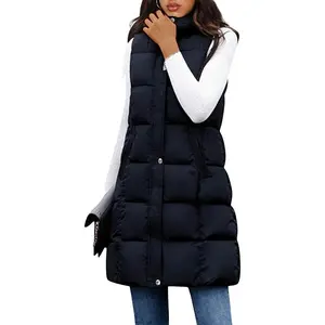 Women's Long Puffer Vest Casual Sleeveless Puffy Jacket with Removable Hood