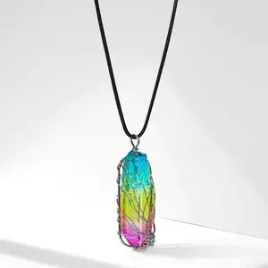 Tree of Life Rainbow Necklace Gemstone Reiki Healing Rock Raw Stone Chakra Pendant Necklace Women Rose Gold Wire Wrap Gemstone Necklace Jewelry Gifts