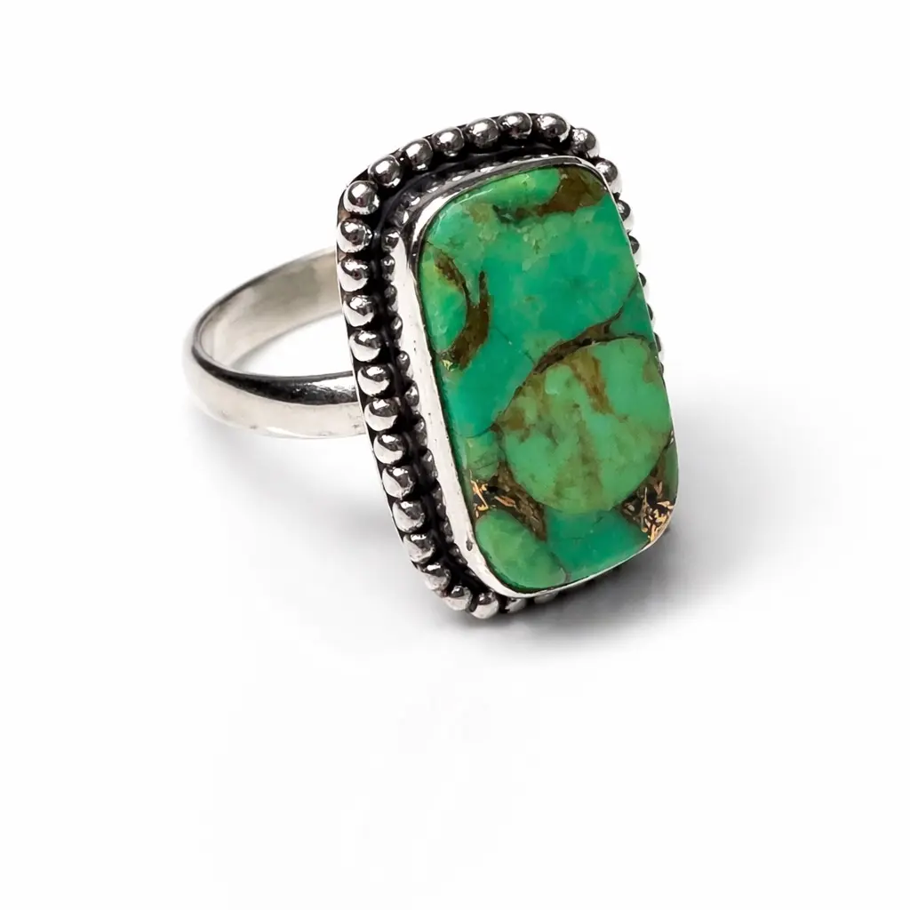 Rectangle Green Copper Turquoise Ring, Sterling Silver Turquoise, Rectangular Gemstone Ring