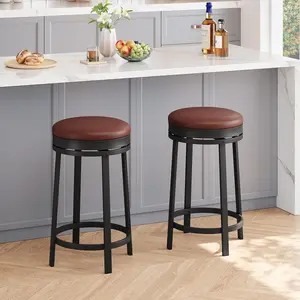 Swivel Bar Stool Set of 2 24.4 inch Counter Height Bar Stool with Upholstered PU Leather Cushion Round Backless Kitchen Barstool with Metal Frame for Kitchen Home Bar Brown