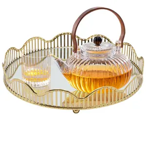 Gold Mirrored Tray with Velvet Bottom Scandinavian Luxury Style Round Vanity Coffee Table Bathroom Organizer