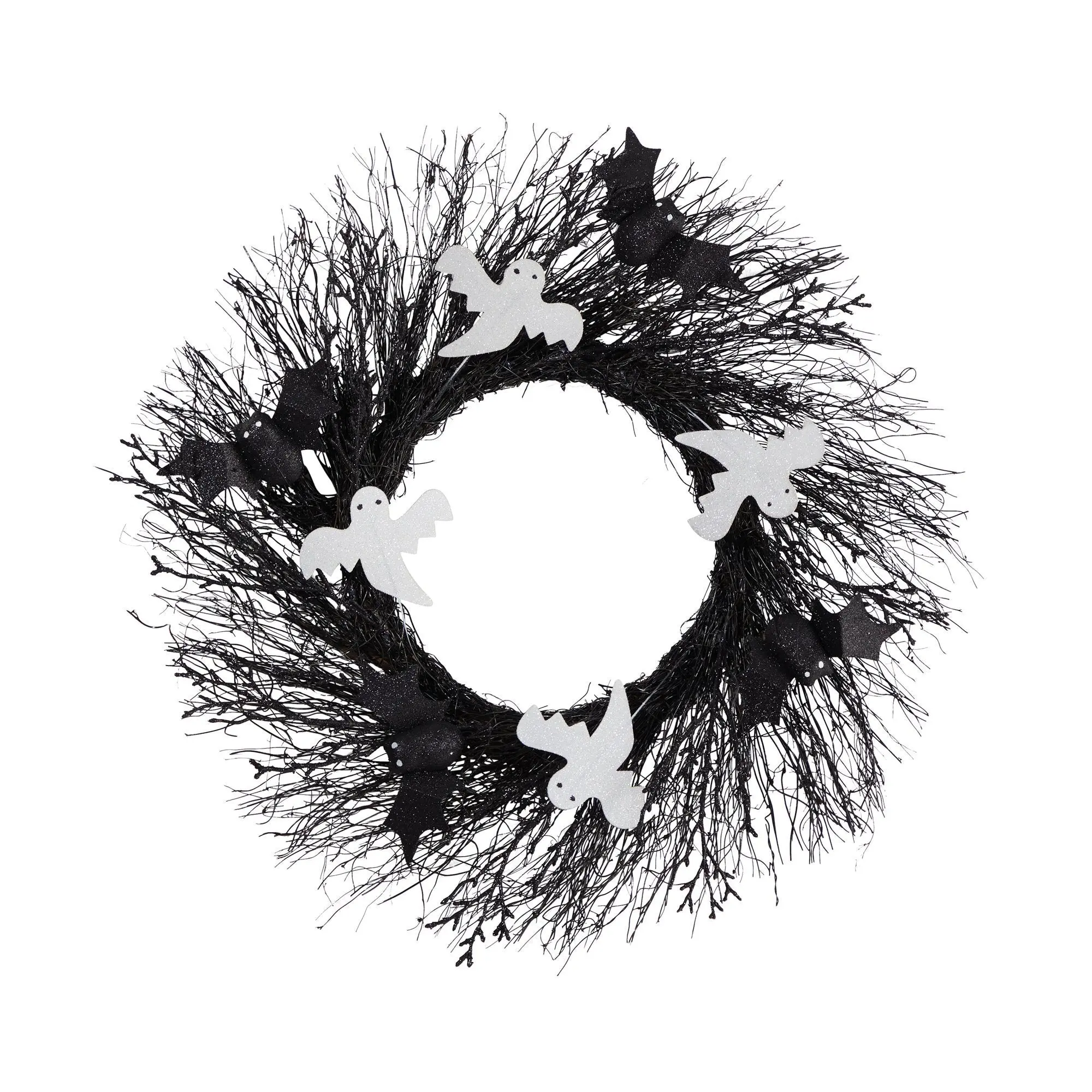 22 in Spooky Ghost and White & Black Bats Accents Twig Wreath - Home Door Wall Hanging, Festive Party Decor, Ornaments Gift, Scary