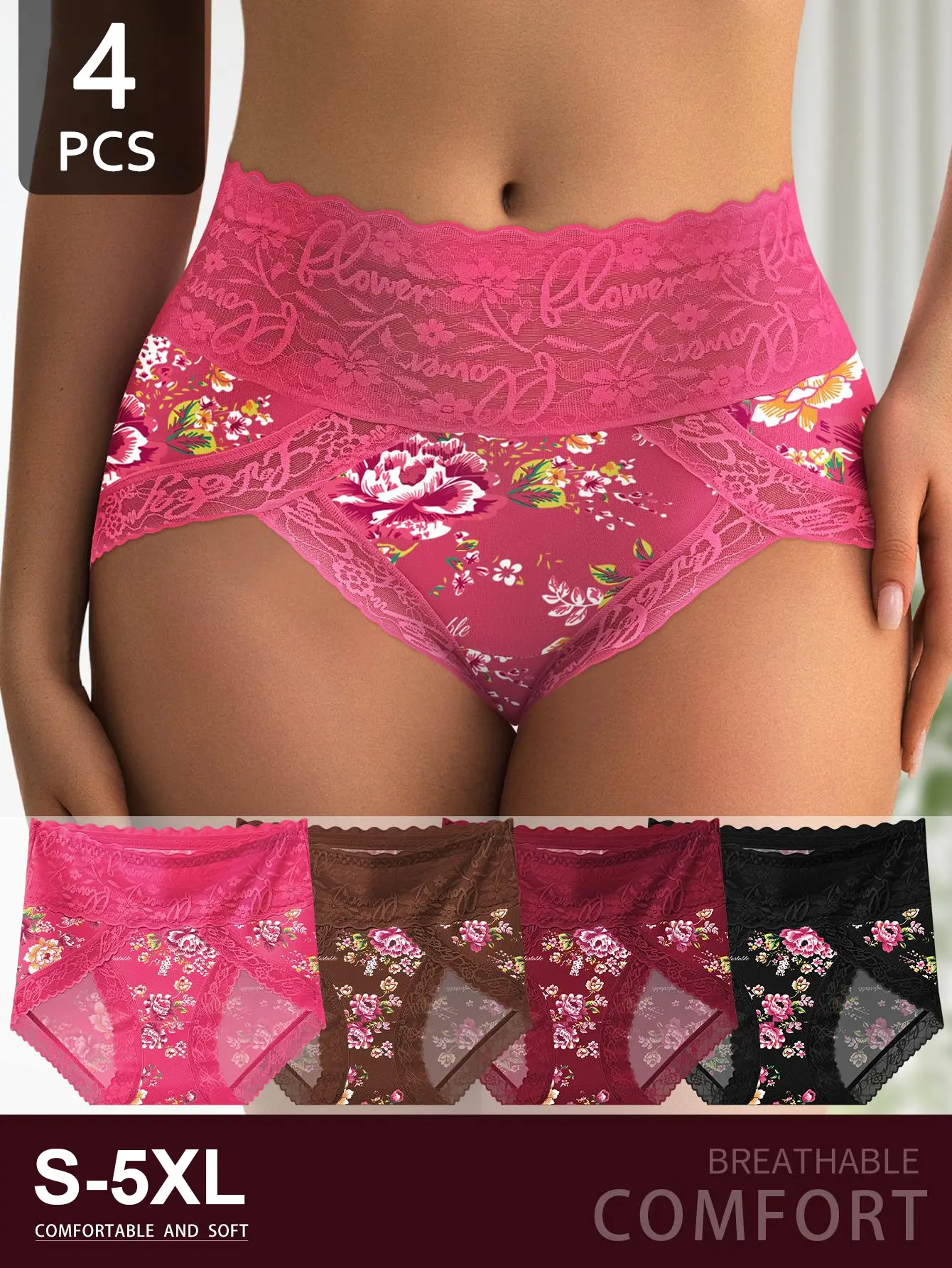 QUASTI 4PCS Women‘s High-Waist Print Lace Briefs, Full-Coverage Hip Lifting Panties, Soft, Stretchy, Breathable Comfortable Anti-Roll Waistband Casual Daily Wear, S-5XL, Plus Size