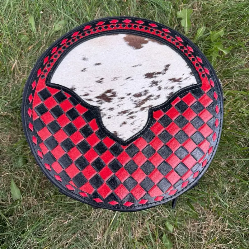 Genuine hand painted leather & cowhide LARGE SIZED CROSSBODY CANTEEN BAG- BLACK AND RED CHECKERED WITH COWHIDE