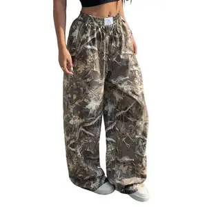 Women Baggy Wide Leg Sweatpants Y2k Loose Camouflage Pants Camo Cargo Pants Joggers with Pockets Beach Casual trackpants Womenswear Adjustable trackpants Outdoor Fathersdaygift