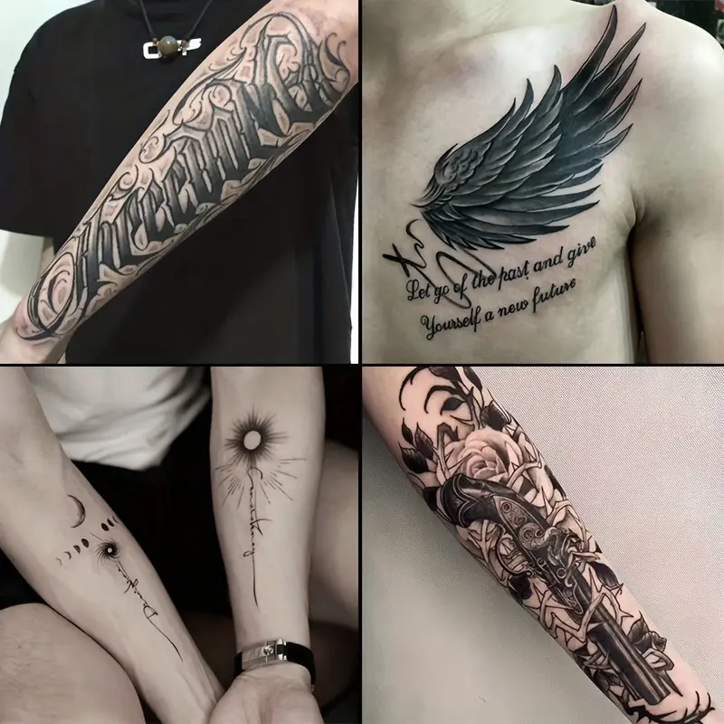 6 Large Herbal Tattoo Stickers, Including Muskets, Sun and Moon, Freedom, Wings, and Other Elements, with 2 Random Styles, Lasting 7-15 Days, Waterproof and Anti-Friction, Realistic Effect, Suitable for Those Who Don't Want Tattoo Pain