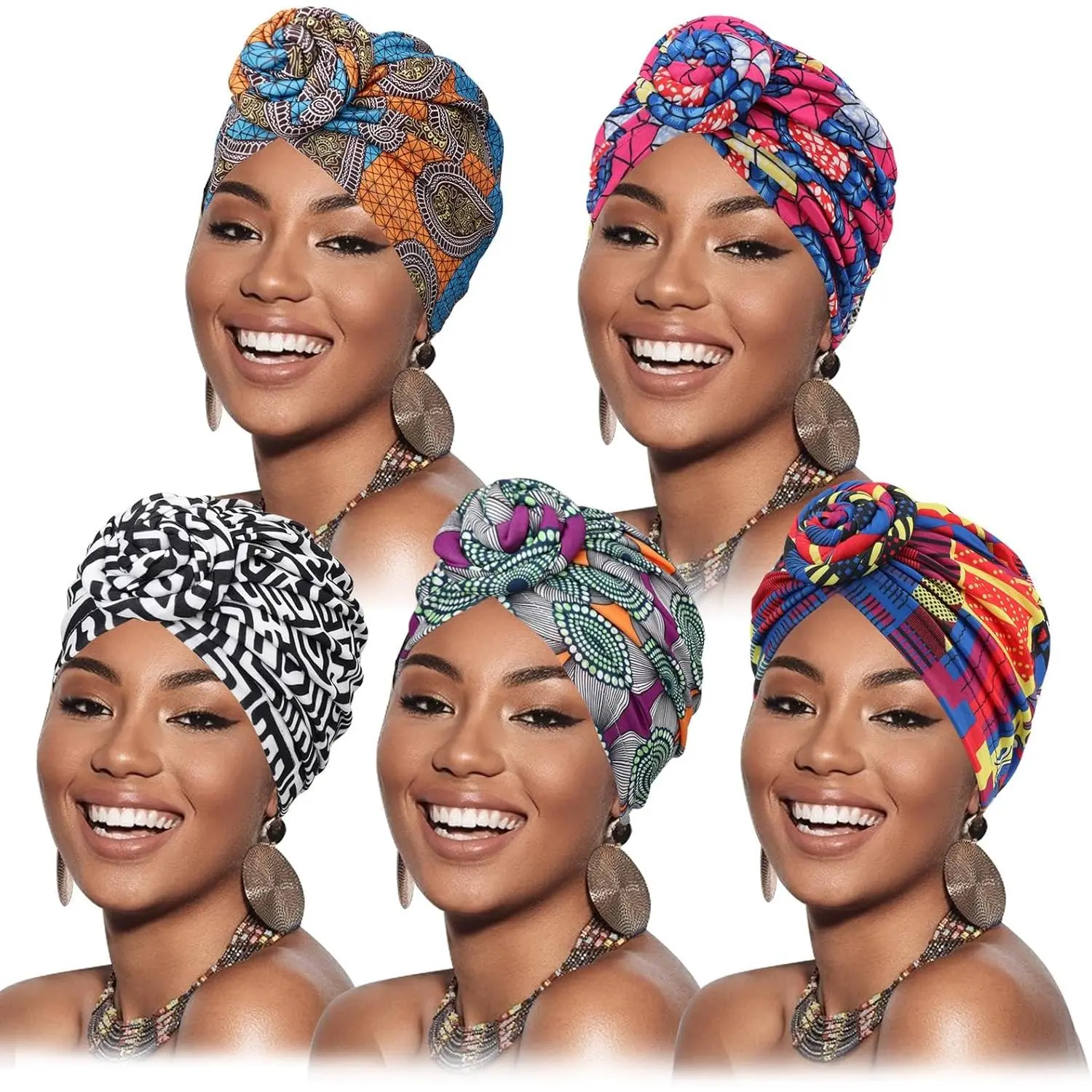 5 Pack Knotted Headwraps for Women  Turban Pre-Knotted Beanie Headwraps Hair Covers
