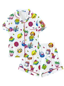 Kidcore Aesthetic Kawaii Cartoon Pajama Set | Cute Colorful Food & Toy Print Sleepwear | Soft Short Sleeve Button Down Lounge Outfit with Red Piping | Fun 2-Piece Summer PJs | Nostalgic Sleepover Nightwear