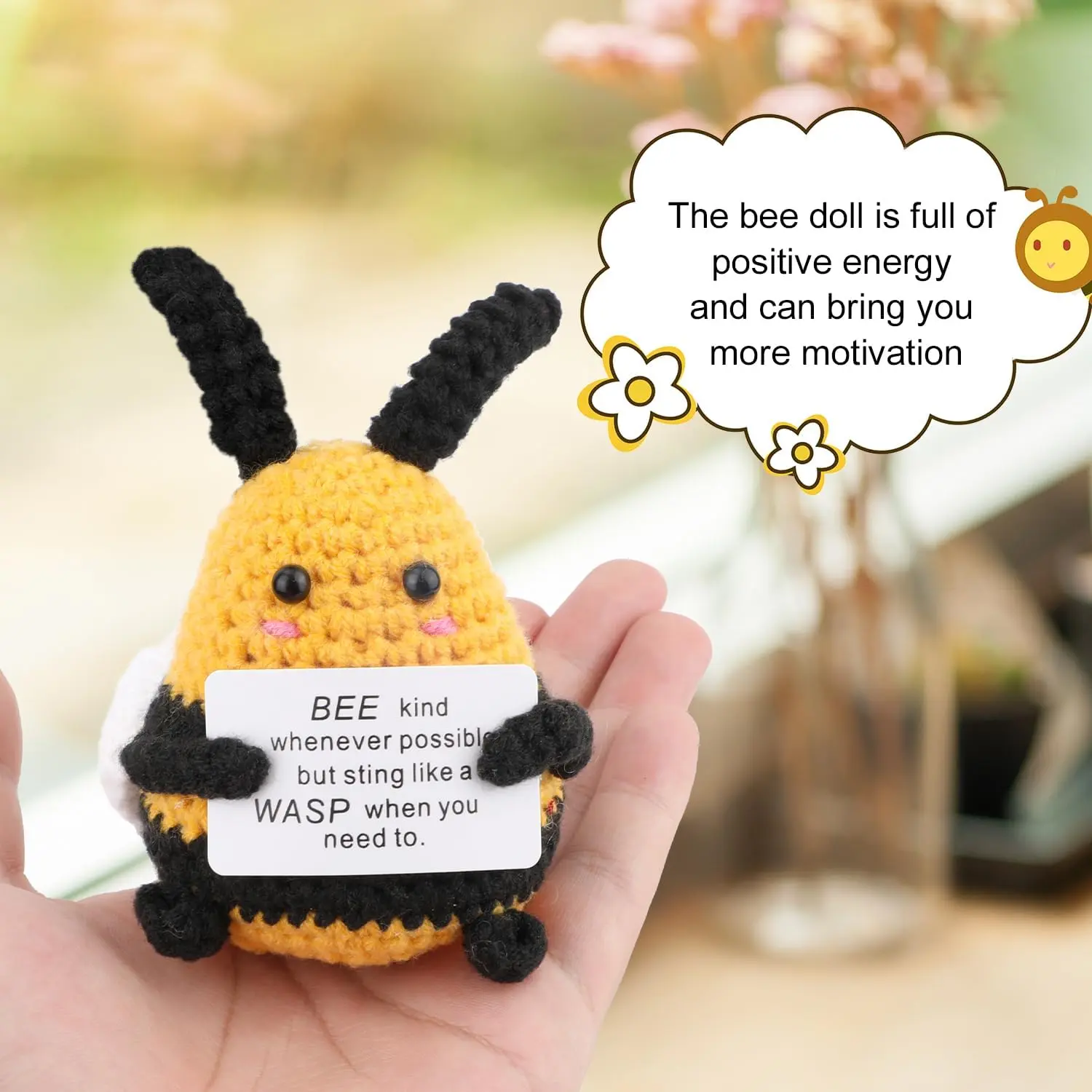 Cuddly Wool Crochet Bee Doll Figurine - Small Home Decor Statue with Emotional Affirmation Card, Positive Energy, Motivation, Cute Knitted Pocket Doll, Father's Day Gift for Family
