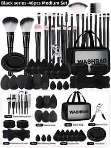 Black Series 46PCS All-In-One Travel Makeup Kit with 25 Brushes 6 Non-Latex Sponges 6 Velvet Puffs 3 Mini Blenders Silicone Bowl Waterproof Bag Eyelash Curler Wrist Bands Headband