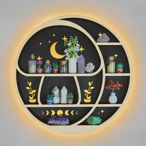 Circle Mushroom on the Moon LED Lighted Wooden Wall Shelf for Crystal Display Rocks Gems Healing Stones Bedroom Decor