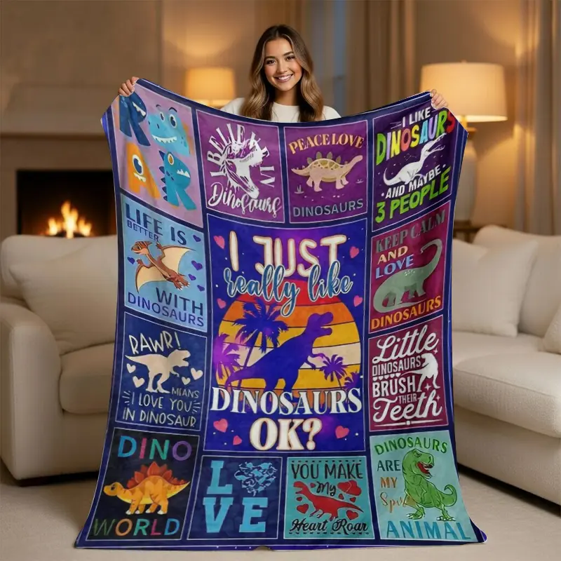 Ultra-Soft Plush Fleece Dinosaur Blanket - Cartoon Dinosaur, Animal Artwork, Character Graphic Design, Colorful T-Rex & Stegosaurus Collage Quote, Cozy Throw for Boys, Unique Birthday Gift, Dinosaur Blankets, Cartoon Dinosaur Blankets