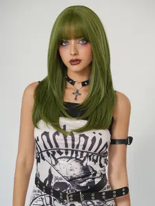 Long Straight Layered Grass Green Wigs, for Women Natural Fashion High Density Synthetic Hair Wig with Bangs, Synthetic Material Wigs, Synthetic Heat Resistant Fiber Wigs for Girls Daily Party Cosplay Use 24 Inch / 63 Cm