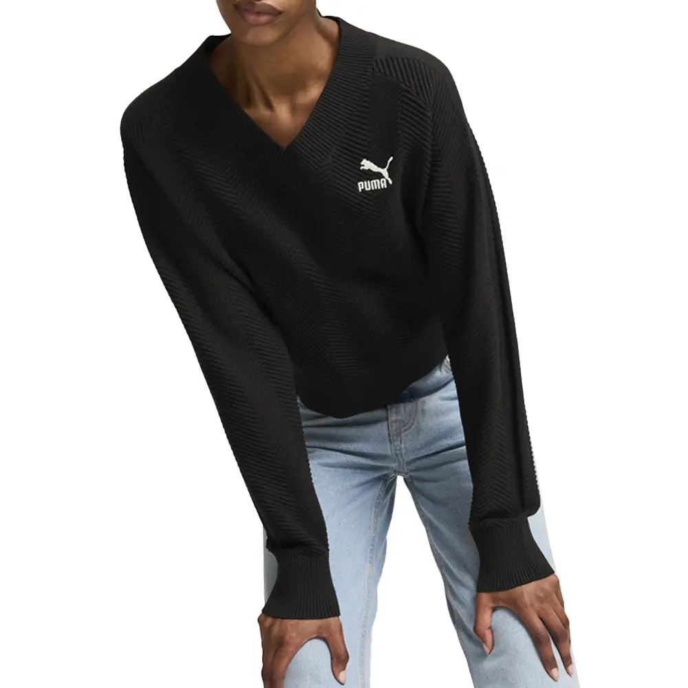 PUMA Womens T7 Knitted Logo V-Neck Long Sleeve Sweater Casual - Black