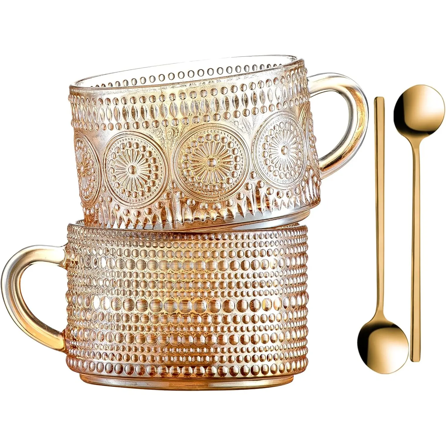 Gezzeny Vintage Coffee Mugs 14 Oz Set of 2 Amber Embossed Glass Tea Cups for Cappccino, Latte,Cereal, Yogurt, Beverage Christmas Thanksgiving Day Gifts Partyreal