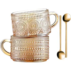 Gezzeny Vintage Coffee Mugs 14 Oz Set of 2 Amber Embossed Glass Tea Cups for Cappccino, Latte,Cereal, Yogurt, Beverage Christmas Thanksgiving Day Gifts Partyreal
