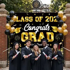 SummerVibes Graduation Decorations 2026 – Black & Gold Congrats Grad Banner, Class of 2026 Graduation Backdrop, Graduation Party Supplies, Celebration Decor Must-Have
