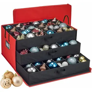 Christmas Ornament  Box with Dividers, Holds Up to 72 Ornaments (4 Inches), Large Organizer with 3 Stackable Trays - Red