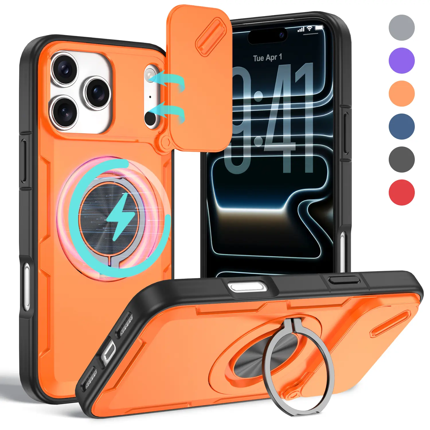 for iPhone 17 Pro Max 16 15 14 13 12 case with 360°Rotation Magnetic Ring Compatible with MagSafe Slide Camera Cover Foldable Stand Military-Grade Shockproof Protective case