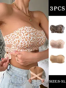 Women's 3-Pack Leopard Print Seamless Strapless Bralette Set, Cross Back Wireless Padded Top, Non-Slip Shoulder Gathered Bra