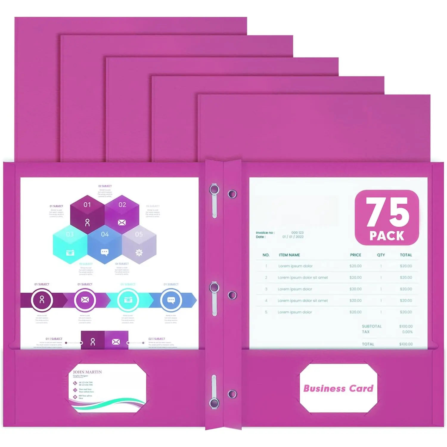 Two Pocket Folders,  75 Pack Two Pocket Folders with Prongs, 3 Prong Folders Fit Letter Size Paper, Pocket File Folders for School Office  Business, Rose Purple