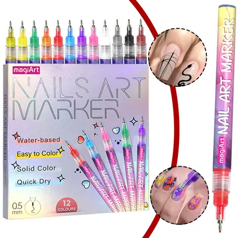 12-Color Nail Art Marker Set – Quick-Drying Acrylic Pens for DIY Manicures & Easy 3D Designs, 0.5mm Fine Tip Acrylic Nail Polish Pen for Drawing & Outlining, Waterproof Quick Dry Paint Pen, Ideal for Kids&Adults
