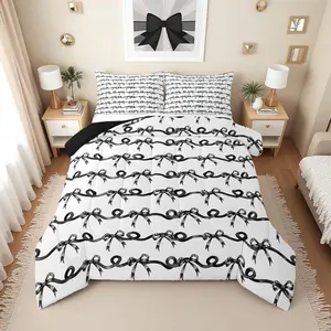 Feelyou Bow Tie Digital Printed Bedding Set - Breathable Microfiber Black and White Striped Comforter, Cute Preppy Quilt, Coquette Bedroom Decor for Girls, Multi-Size Options