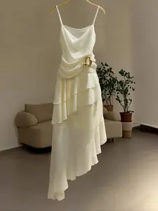 Elegant Long Chiffon Woven Evening Dress, Adjustable Strap Mermaid Style Party Gown, Metal Decoration, Anti-Exposure Design, Women's Formal Wear